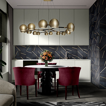 SHINTO ROUND DINING TABLE, HORUS SUSPENSION LIGHT, PALM RUG, BEGONIA DINING CHAIR, WALES II SOFA